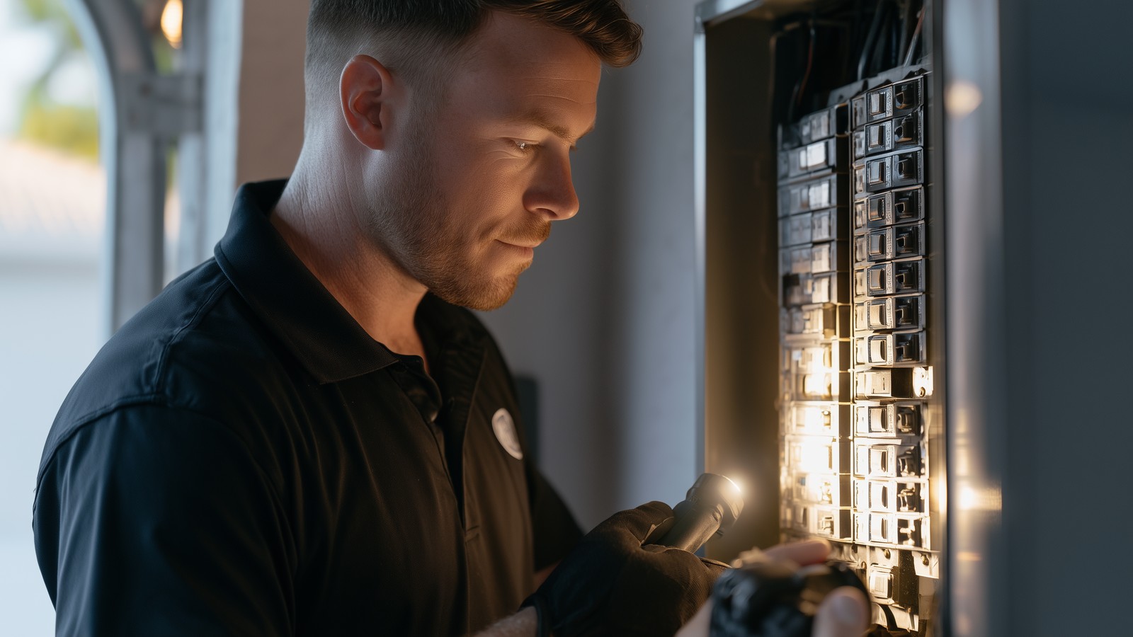 Un inspecteur immobilier examine un tableau électrique dans un garage en Floride dans le cadre d'une inspection en 4 points