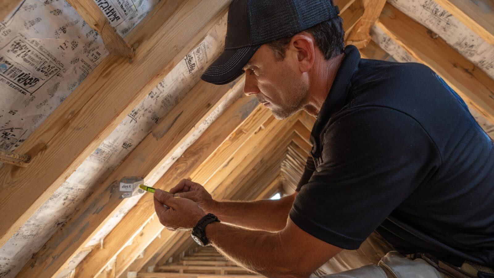 Un inspecteur examine les sangles anti-ouragan et les raccords entre le toit et les murs dans un grenier en Floride dans le cadre d'un rapport sur la protection contre les vents